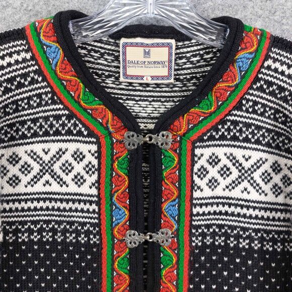 Dale of Norway Wool Cardigan Sz L Nordic Fair Isle Sweater Traditional Clasps - Picture 3 of 9